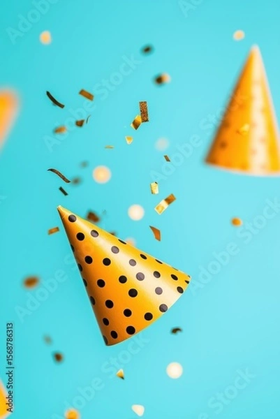 Fototapeta Bright yellow party hats floating with golden confetti on turquoise background