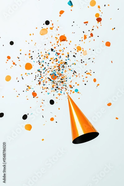 Fototapeta Orange party hat exploding with colorful confetti on white background for new year's eve