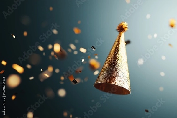 Fototapeta Golden party hat floating with falling confetti on new year's eve