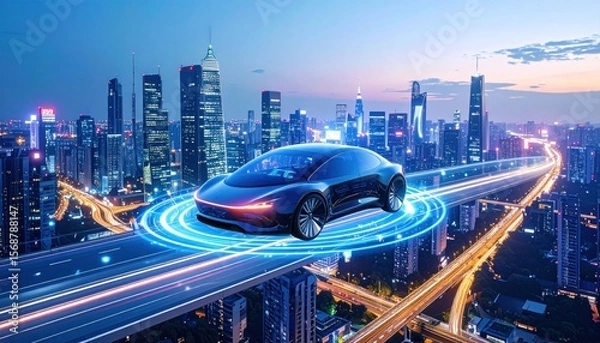 Obraz Futuristic Autonomous Vehicle Gliding Over Illuminated Cityscape at Night