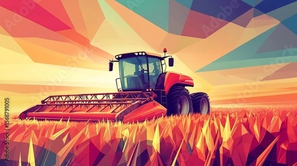Fototapeta Geometric abstraction capturing a modern harvester at work in golden fields
