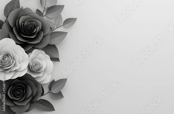 Obraz Minimalist 3D bouquet of black and white roses with leaves placed to the right, isolated on a plain surface, shown from above with ample surrounding white space.

