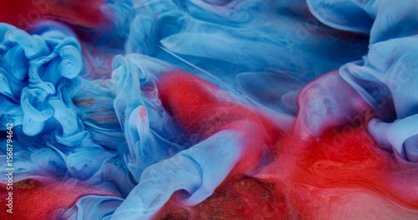 Fototapeta Smoke texture. Paint background. Defocused blue red color smog swirling acrylic wet pigment spreading on creative coral art abstraction.