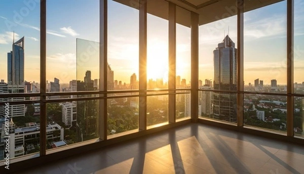 Obraz Golden Hour Cityscape: High-Rise View with Sunlit Reflections and Modern Architecture