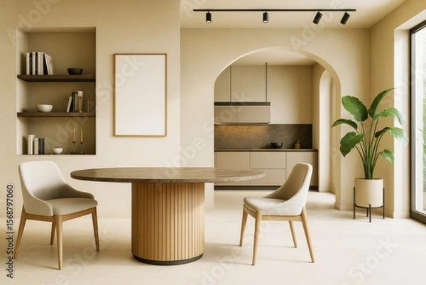 Fototapeta Elegant contemporary dining room with round table, two chairs, built-in shelves, archway to kitchen, and large plant beside window. Ai generative.