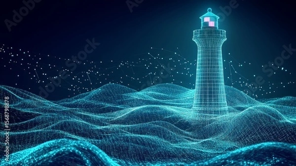 Fototapeta An electric digital futuristic lighthouse standing strong in the middle of waves 