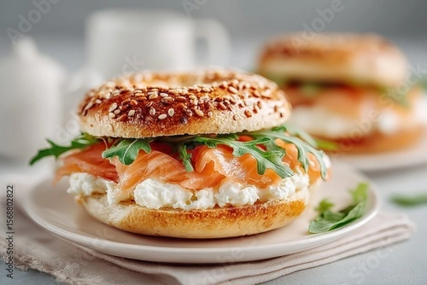 Fototapeta Close up of a bagel sandwich filled with cream cheese, smoked salmon, and fresh arugula on a white plate, set against a minimalistic backdrop