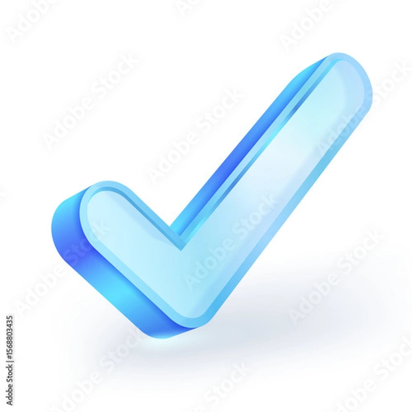 Fototapeta 3D check mark icon. Material of the marker is clear blue crystal glass. symbolizing approval, confirmation, success and verification. Isolated on white background. Vector illustration.