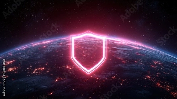 Fototapeta A futuristic data encryption system visualized as a neon-glowing shield over Earth 