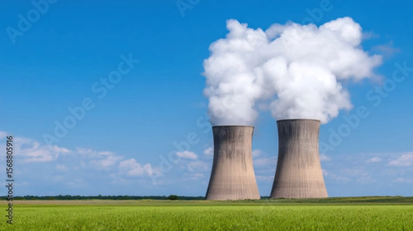Fototapeta Two cooling towers emit large clouds of steam over a green field under a clear blue sky.