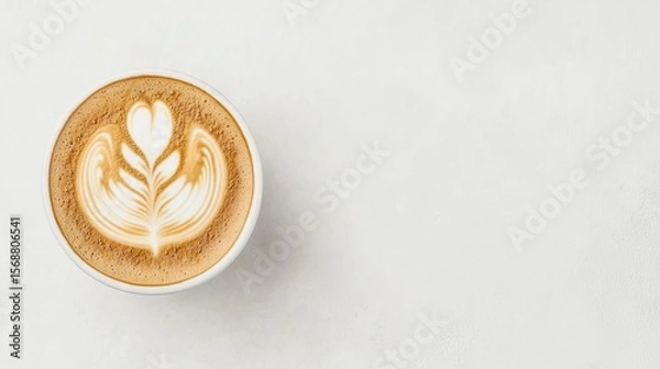 Fototapeta Top view of a cup of latte with beautiful latte art.  Perfect for coffee shop menus, cafe websites, or beverage related content.
