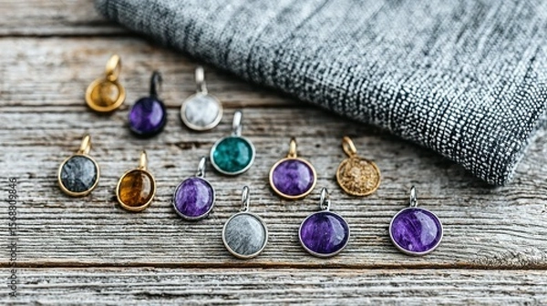 Obraz Colorful gemstone pendants displayed on a wooden surface.