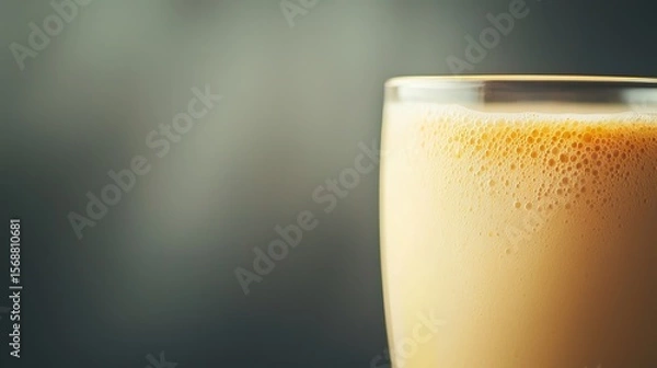 Fototapeta Close up of a creamy, frothy beverage in a glass.  Perfect for menus, blogs, or articles about coffee, smoothies, or other drinks.