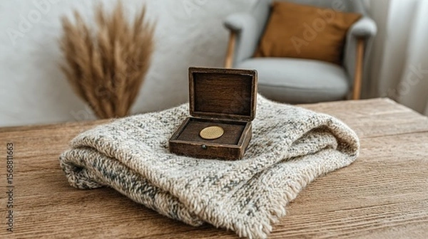 Obraz Wooden box with a gold disc on a knitted blanket.