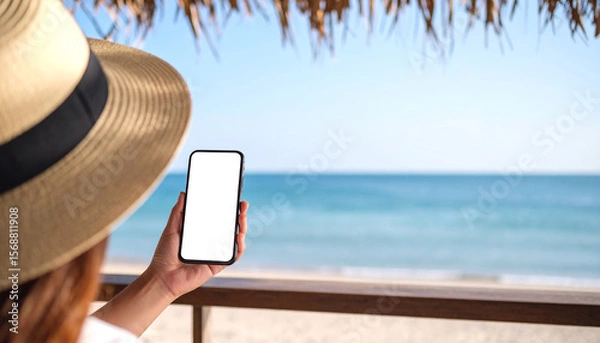 Fototapeta Over shoulder view of the hand holding a blank screen smartphone in a sea scene.