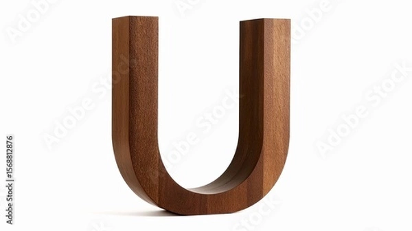 Fototapeta Smooth Walnut Wooden Letter U – Polished Alphabet Sculpture with Rounded Edges and Fine Grain on White Background for Modern Typography and Interior Decor Concepts