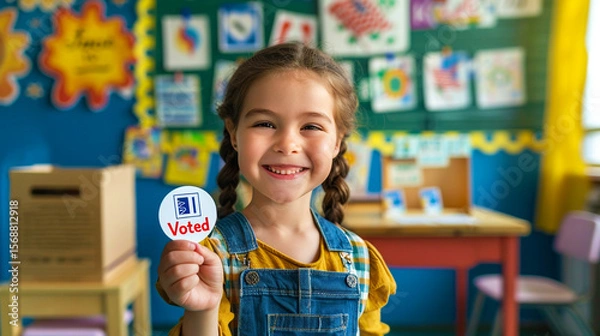 Obraz Smiling child holding "I Voted" sticker in classroom with ballot box