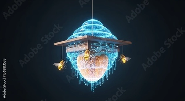 Fototapeta Futuristic beehive design with digital honeycomb structure and artificial intelligence controlled environment for bee colony.