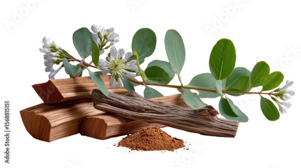 Obraz Sandalwood and Eucalyptus: Aromatic blend of sandalwood and eucalyptus with blossoms.