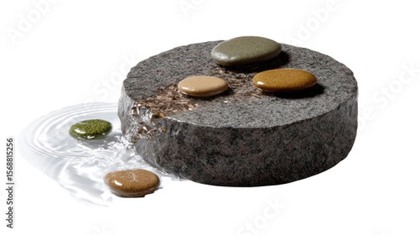 Obraz Serene Stone Harmony: A minimalist, meditative scene showcases smooth, colorful stones arranged atop a textured, dark stone, evoking tranquility, balance, and the natural world. 