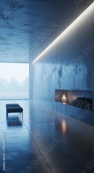 Fototapeta Modern Room with Fireplace and Black Bench in Minimalist Architecture