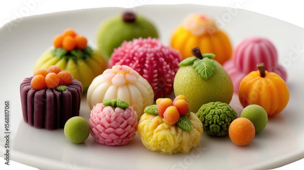 Fototapeta Colorful and intricate desserts displayed on a white plate. transparent background