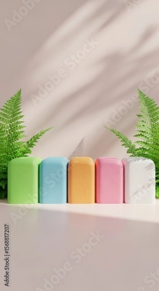 Fototapeta Pastel Colored Blocks with Green Ferns and Soft Light