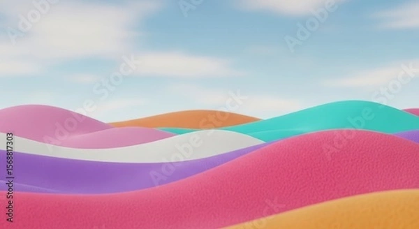 Fototapeta Pastel Colorful Abstract Wavy Landscape with Soft Rolling Hills and Blue Sky