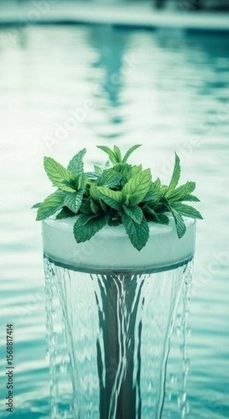 Fototapeta Refreshing Green Mint Leaves on a Modern Water Feature with Cascading Water in a Serene Aqua Pool