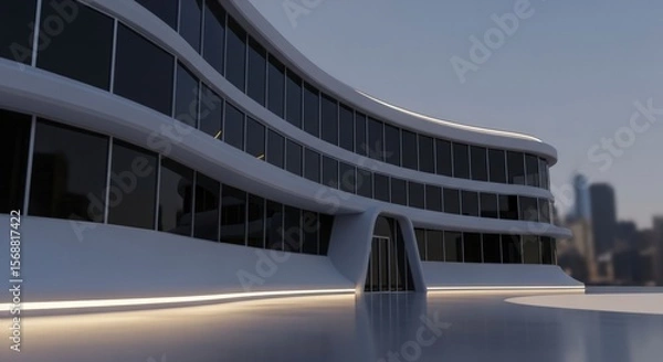 Fototapeta Sleek Futuristic Curved Building with White Facade and Illuminated Base Reflected on Ground Against Blurred City Skyline