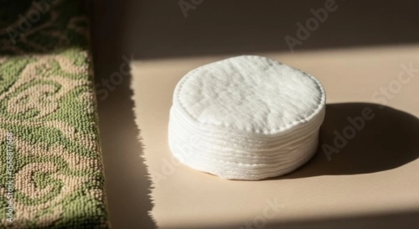 Fototapeta Stack of Clean Round White Cotton Pads on Beige Surface with Natural Sunlight Casting Shadows Perfect for Skincare and Beauty Routines
