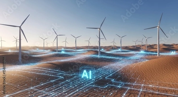 Obraz Wind turbines generate renewable energy with artificial intelligence technology in the desert landscape, providing a sustainable solution.