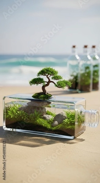 Fototapeta Tranquil Green Bonsai Tree in Clear Glass Bottle on Sandy Beach with Ocean Background