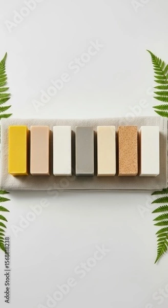 Fototapeta Various Natural Soap Bars in Earthy Tones Arranged on Fabric with Green Ferns on White Background