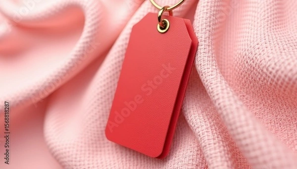 Fototapeta Vibrant Empty Red Tag on Soft Pink Fabric Display for Retail Marketing