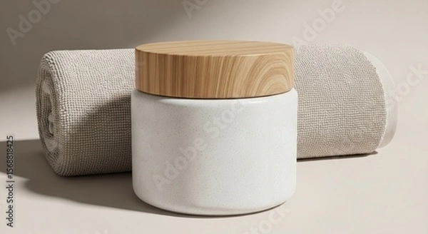 Fototapeta White Jar with Wood Lid and Rolled Towel on Beige Background