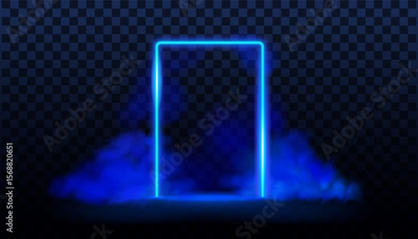 Fototapeta Blue neon door with smoke. Led portal background, rectangle gate with mist. Vector realistic effect