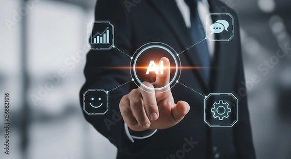 Fototapeta Businessman touches artificial intelligence interface