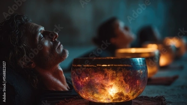Obraz Sound bath healing session with glowing ambient light, singing bowls in use, relaxed faces, energy cleansing, group meditation, emotional calm setting
