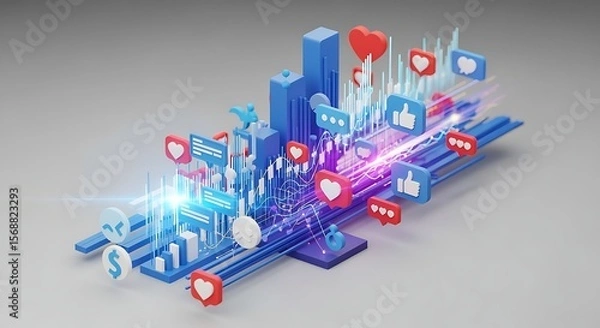 Fototapeta Digital Data Visualization with Social Media Icons and Glowing Charts