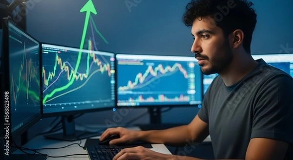 Fototapeta Man Trading Stock Analyzing Financial Data on Multiple Computer Screens