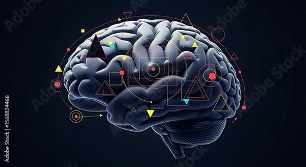 Fototapeta Human Brain Illustration with Geometric Shapes on Dark Background