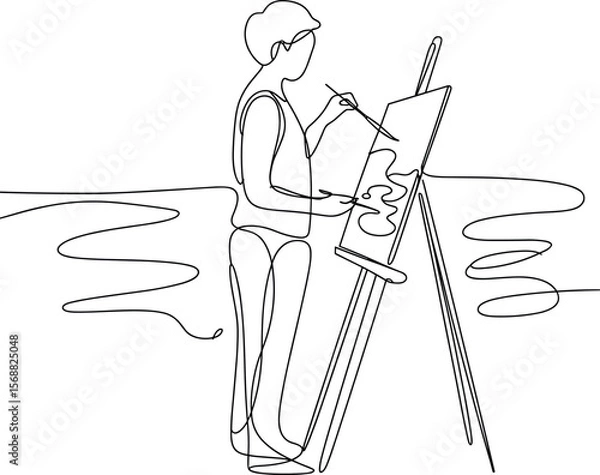 Fototapeta Minimalist continuous line drawing of artist painting on canvas, outdoor creative inspiration scene, modern abstract art vector illustration design
