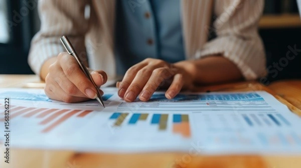 Fototapeta Hands of an HR specialist analyzing salary benchmarking documents
