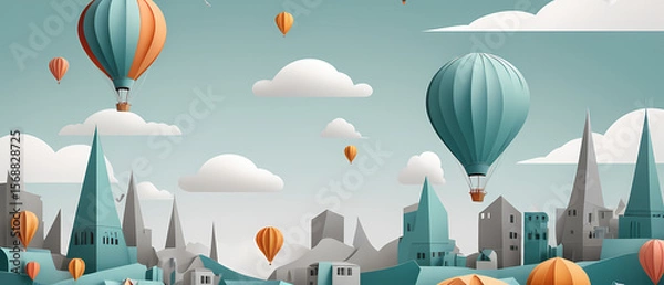 Fototapeta Colorful hot air balloons float above a scenic town with spires and clouds on a bright sunny day Generative AI