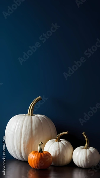 Fototapeta Vibrant pumpkins create a festive atmosphere against a dark blue background in a cozy setting during autumn season Generative AI