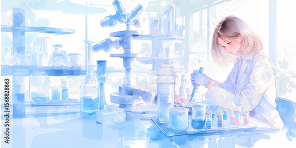 Obraz 細胞の培養実験をしている女性、水彩画。バナー素材。