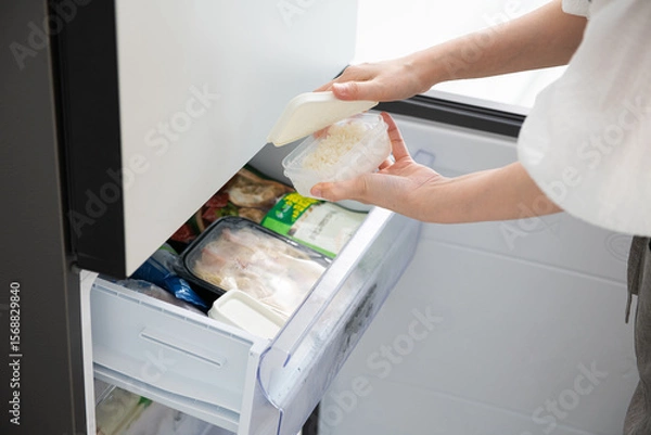 Fototapeta Person organizing food in a freezer drawer