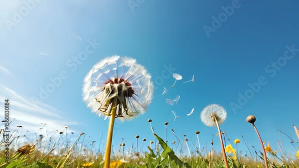 Fototapeta Bright dandelions swaying gently in the breeze under a clear blue sky during a sunny spring afternoon Generative AI