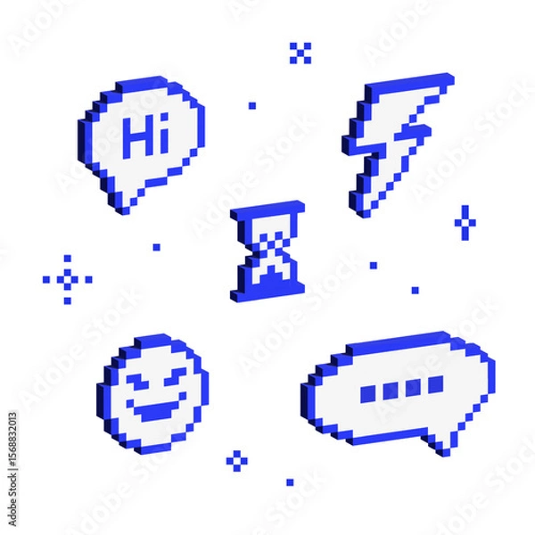 Fototapeta Set of 3d symbols y2k futuristic design. Isometric 8 bit blue elements. 3d pixel signs in retro style. Volumetric geometric shapes. Text bubble, emoji, lightning, hourglass.